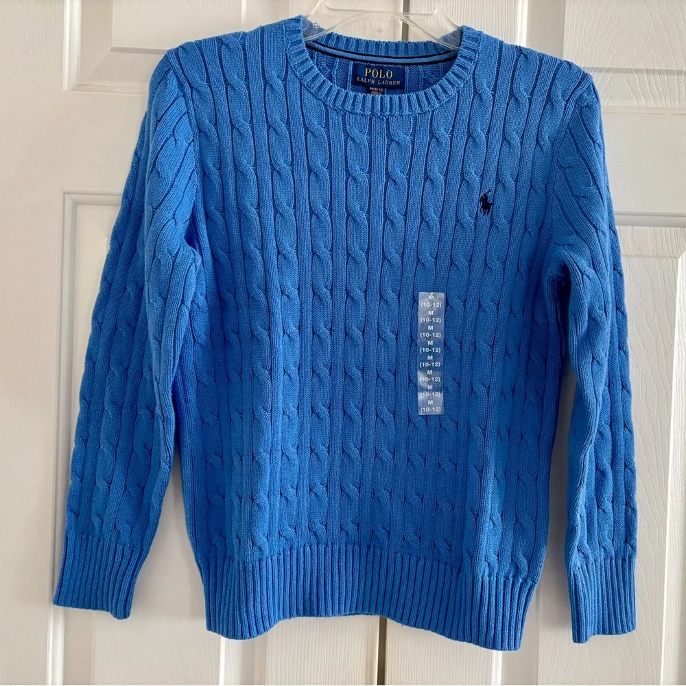 NWT Polo Ralph Lauren Yourh Cable Knit Blue Sweater Size M(10-12) - Picture 3 of 6
